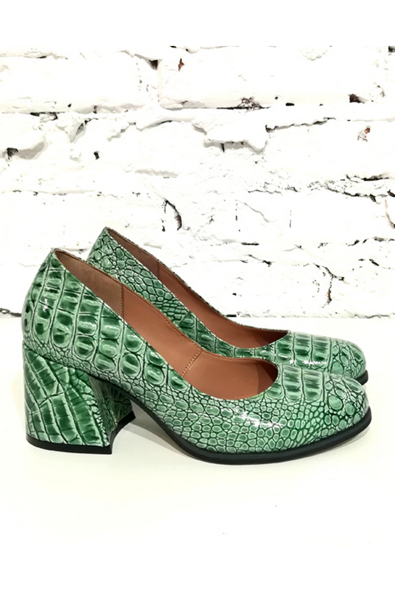 Buy Pumps classik green patent leather croco heel round toe women`s shoes